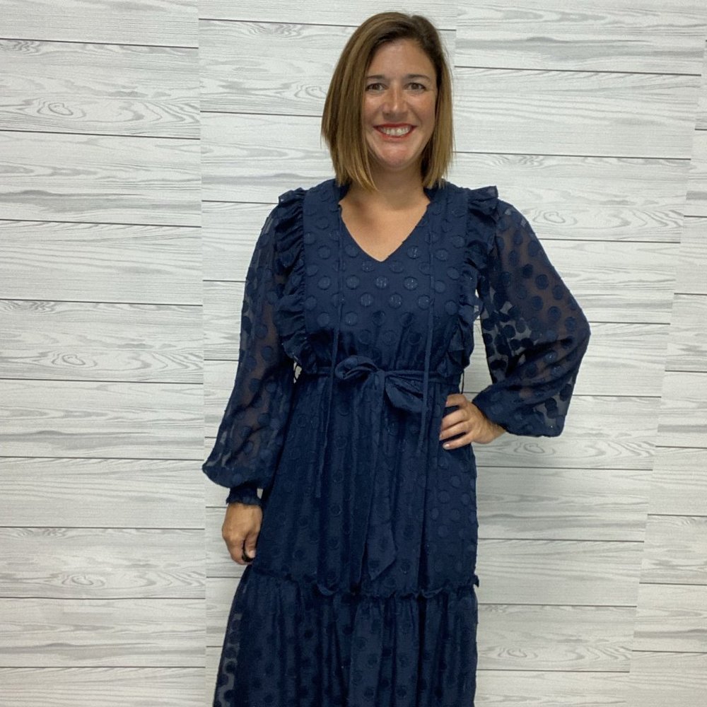 Polka Dot Tiered Midi Dress - Navy